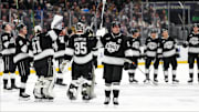 Apr 21, 2025; Los Angeles, California, USA; LA Kings center Anze Kopitar (11) salutes the crowd after game one of the first round of the 2025 Stanley Cup Playoffs against the Edmonton Oilers at Crypto.com Arena. Mandatory Credit: Kirby Lee-Imagn Images