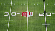 Dec 2, 2023; Las Vegas, NV, USA; The Mountain West conference logo on the field at Allegiant Stadium. Mandatory Credit: Kirby Lee-Imagn Images