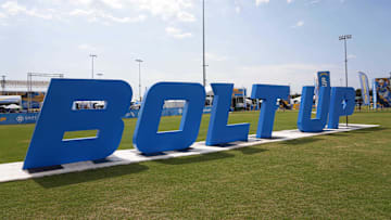 Aug 1, 2022; Costa Mesa, CA, USA; A Bolt Up sign at Los Angeles Chargers training camp at the Jack