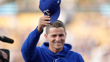 Texas Rangers infielder Corey Seager is recognized before the game against the Los Angeles Dodgers