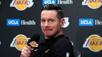 Mar 17, 2025; Los Angeles, California, USA; Los Angeles Lakers coach JJ Redick at press conference at the Crypto.com Arena.