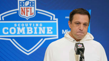 Feb 25, 2025; Indianapolis, IN, USA; Kansas City Chiefs general manager Brett Veach speaks during the NFL Scouting Combine at the Indiana Convention Center. Mandatory Credit: Kirby Lee-Imagn Images