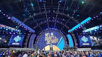 Apr 25, 2024; Detroit, MI, USA; A general overall view of the 2024 NFL Draft  logo on the Draft Theater stage at Campus Martius Park and Hart Plaza. Mandatory Credit: Kirby Lee-Imagn Images