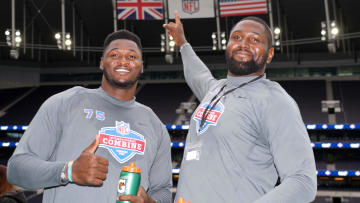 Oct 12, 2021; London, United Kingdom; Haggai Chisom Noubuisi of Nigeria (75) and Mbaeteka Chigbo Roy of Nigeria (76) pose during the NFL International Combine at Tottenham Hotspur Stadium. Mandatory Credit: Kirby Lee-USA TODAY Sports