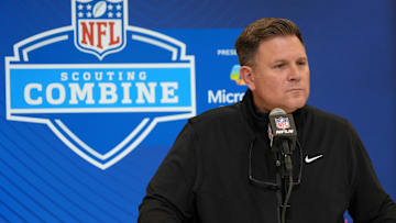 Feb 25, 2025; Indianapolis, IN, USA; Green Bay Packers general manager Brian Gutekunst speaks during the NFL Scouting Combine at the Indiana Convention Center. Mandatory Credit: Kirby Lee-Imagn Images