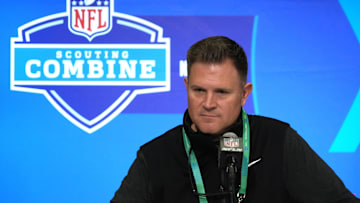 Feb 27, 2024; Indianapolis, IN, USA; Green Bay Packers general manager Brian Gutekunst during the NFL Scouting Combine at Indiana Convention Center. Mandatory Credit: Kirby Lee-Imagn Images