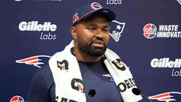 Oct 18, 2024; London, United Kingdom; New England Patriots coach Jerod Mayo at press conference at the Harrow School. Mandatory Credit: Kirby Lee-Imagn Images
