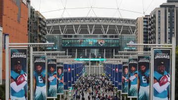 Oct 1, 2023; London, United Kingdom; Fans arrive on Olympic Way during an NFL International Series