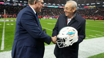 Nov 5, 2023; Frankfurt, Germany; Miami Dolphins owner Stephen Ross (right) shakes hands with