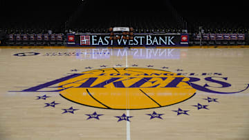 Dec 18, 2023; Los Angeles, California, USA; The Los Angeles Lakers logo at center court at the Crypto.com Arena. Mandatory Credit: Kirby Lee-Imagn Images