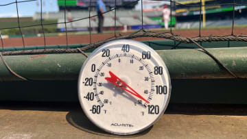 Sep 7, 2022; Anaheim, California, USA; A thermometer reads over 100 degrees during the game between the Los Angeles Angels and the Detroit Tigers at Angel Stadium. Mandatory Credit: Kirby Lee-USA TODAY Sports
