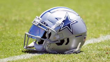 Jul 27, 2023; Oxnard, CA, USA; A Dallas Cowboys helmet with Oakley visor at training camp at Marriott Residence Inn-River Ridge Playing Fields. Mandatory Credit: Kirby Lee-Imagn Images
