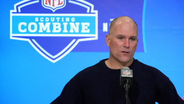 Feb 27, 2024; Indianapolis, IN, USA; Baltimore Ravens general manager Eric DeCosta speaks during a
