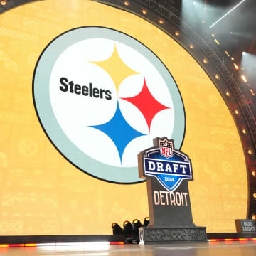 Apr 25, 2024; Detroit, MI, USA; A Pittsburgh Steelers logo during the 2024 NFL Draft at Campus