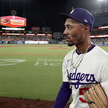 Aug 8, 2025; Los Angeles, California, USA; Los Angeles Dodgers shortstop Mookie Betts (50) leaves the field after teh game against the Toronto Blue Jays at Dodger Stadium. Mandatory Credit: Kirby Lee-Imagn Images
