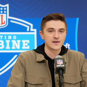 Feb 25, 2025; Indianapolis, IN, USA; Jacksonville Jaguars general manger James Gladstone speaks during the NFL Scouting Combine at the Indiana Convention Center. Mandatory Credit: Kirby Lee-Imagn Images