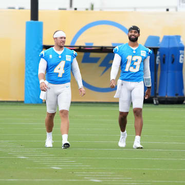 Justin Herbert leads the Los Angeles Chargers quarterbacks during training camp.