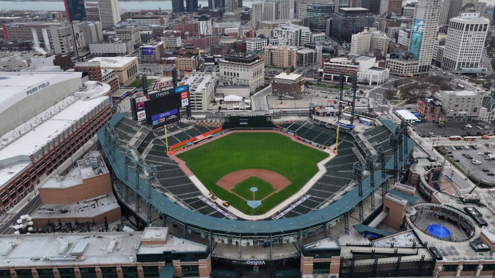 An aerial shot of Comerica Park, home of the Detroit Tigers