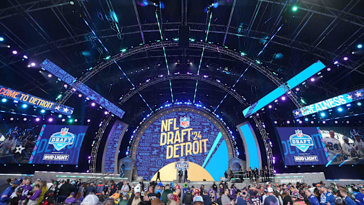 Apr 25, 2024; Detroit, MI, USA; A general overall view of the 2024 NFL Draft  logo on the Draft Theater stage at Campus Martius Park and Hart Plaza. Mandatory Credit: Kirby Lee-Imagn Images