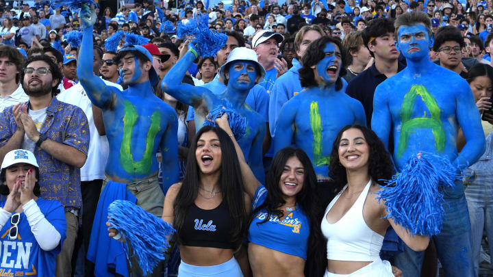 Oct 28, 2023; Pasadena, California, USA; UCLA Bruins fans react in the first half against the Colorado Buffaloes at the Rose Bowl. Mandatory Credit: Kirby Lee-USA TODAY Sports