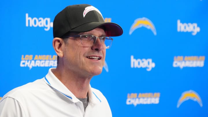 Apr 2, 2024; Costa Mesa, CA, USA; Los Angeles Chargers coach Jim Harbaugh speaks at press conference at Hoag Performance Center. Mandatory Credit: Kirby Lee-USA TODAY Sports