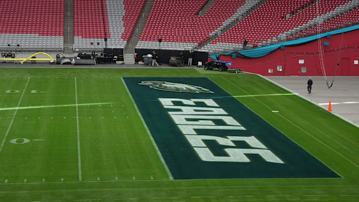 Feb 7, 2023; Phoenix, AZ, USA; The Philadelphia Eagles logo in the end zone prior to Super Bowl 57 at State Farm Stadium. Mandatory Credit: Kirby Lee-Imagn Images