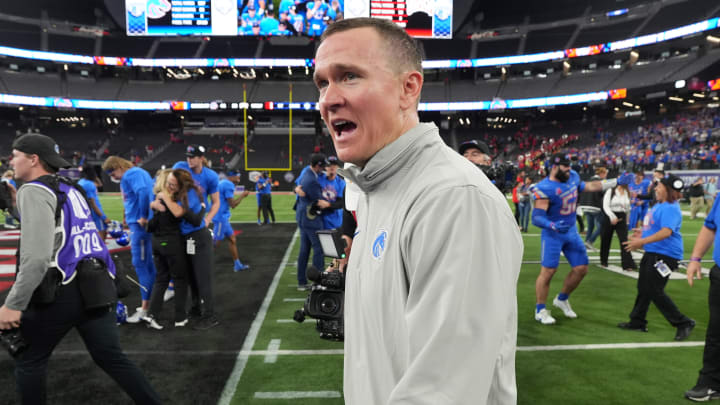 Dec 2, 2023; Las Vegas, NV, USA; Boise State Broncos head coach Spencer Danielson celebrates after 44-20 victory over the UNLV Rebels in the Mountain West Championship at Allegiant Stadium. Mandatory Credit: Kirby Lee-USA TODAY Sports