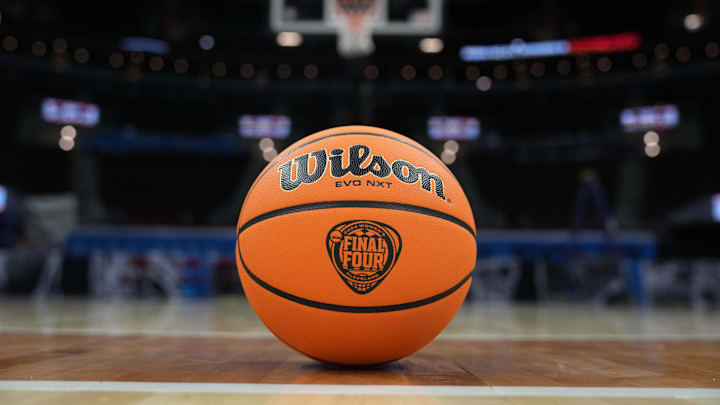 Apr 6, 2024; Cleveland, OH, USA; A Wilson official Evo NXT basketball with NCAA Women's Final Four logo at Rocket Mortgage FieldHouse. Mandatory Credit: Kirby Lee-Imagn Images