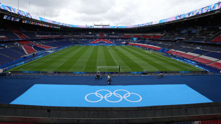 Jul 23, 2024, Paris, France; A general overall view of the Olympic rings logo at Parc des Princes. The stadium is the home of Paris Saint-Germain (PSG)  and a soccer venue for the 2024 Paris Olympics. Mandatory Credit: Kirby Lee-USA TODAY Sports