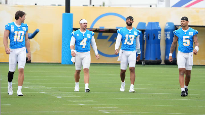 Justin Herbert leads the Los Angeles Chargers quarterbacks during training camp.