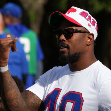 Oct 6, 2023; Watford, United Kingdom; Buffalo Bills linebacker Von Miller during practice at The Grove Hotel. Mandatory Credit: Kirby Lee-USA TODAY Sports
