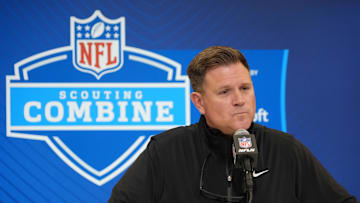 Feb 25, 2025; Indianapolis, IN, USA; Green Bay Packers general manager Brian Gutekunst speaks during the NFL Scouting Combine at the Indiana Convention Center. Mandatory Credit: Kirby Lee-Imagn Images