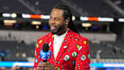 Dec 21, 2023; Inglewood, California, USA; Amazon Prime Thursday Night Football analyst Richard Sherman during the game between the Los Angeles Rams and the New Orleans Saints SoFi Stadium. Mandatory Credit: Kirby Lee-Imagn Images