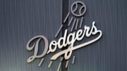 Jul 15, 2020; Los Angeles, California, United States; A general overall view of the Los Angeles Dodgers logo at Dodger Stadium. Mandatory Credit: Kirby Lee-USA TODAY Sports