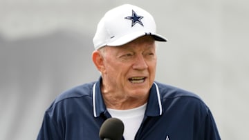 Jul 29, 2023; Oxnard, CA, USA; Dallas Cowboys owner Jerry Jones speaks during training camp opening ceremonies at the River Ridge Fields. Mandatory Credit: Kirby Lee-Imagn Images