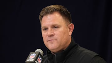 Feb 25, 2025; Indianapolis, IN, USA; Green Bay Packers general manager Brian Gutekunst speaks during the NFL Scouting Combine at the Indiana Convention Center. Mandatory Credit: Kirby Lee-Imagn Images