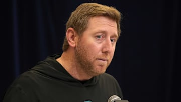 Feb 25, 2025; Indianapolis, IN, USA; Jacksonville Jaguars coach Liam Coen speaks during the NFL Scouting Combine at the Indiana Convention Center. Mandatory Credit: Kirby Lee-Imagn Images