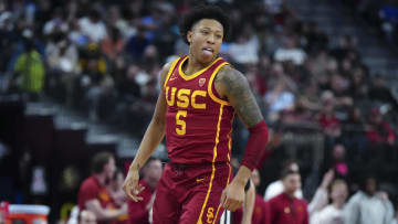 Mar 13, 2024; Las Vegas, NV, USA; Southern California Trojans guard Boogie Ellis (5) reacts after a three-point basket against the Washington Huskies at T-Mobile Arena. Mandatory Credit: Kirby Lee-USA TODAY Sports