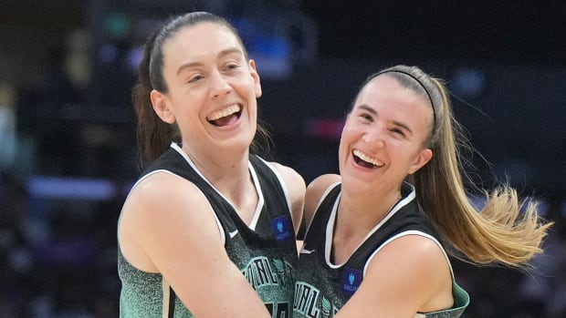 Aug 15, 2024; Los Angeles, California, USA; New York Liberty forward Breanna Stewart (30) and guard Sabrina Ionescu (20)