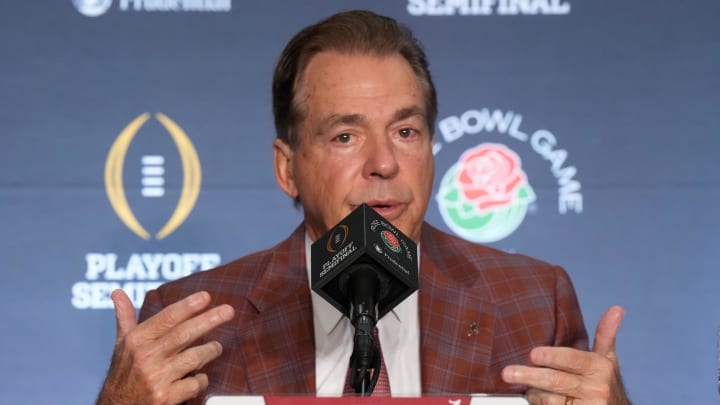 Dec 31, 2023; Los Angeles, CA, USA; Alabama Crimson Tide head coach Nick Saban at the Rose Bowl coaches press conference at the Sheraton Grand.