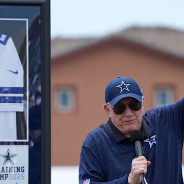 Dallas Cowboys owner Jerry Jones speaks at training camp opening ceremonies at the River Ridge Fields.