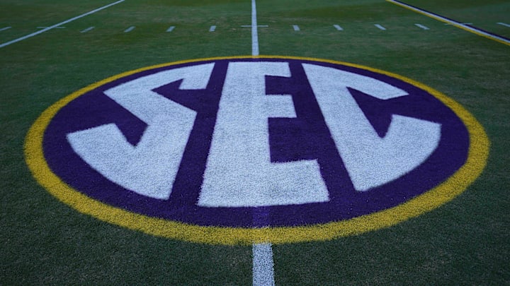 Nov 13, 2021; Baton Rouge, Louisiana, USA; A detailed view of the Southeastern Conference SEC logo at Tiger Stadium.  