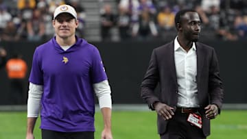 Dec 10, 2023; Paradise, Nevada, USA; Minnesota Vikings coach Kevin O'Connell (left) and general manager Kwesi Adofo-Mensah react during the game against the Minnesota Vikings at Allegiant Stadium. Mandatory Credit: Kirby Lee-Imagn Images