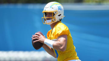 May 29, 2024; Costa Mesa, CA, USA; Los Angeles Chargers quarterback Justin Herbert (10) during organized team activities at Hoag Performance Center.