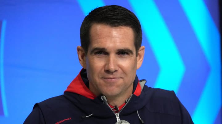 Feb 27, 2024; Indianapolis, IN, USA; New York Giants general manager Joe Schoen speaks during a press conference during the NFL Scouting Combine at Indiana Convention Center. Mandatory Credit: Kirby Lee-USA TODAY Sports