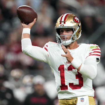 Aug 23, 2024; Paradise, Nevada, USA; San Francisco 49ers quarterback Brock Purdy (13) throws the ball against the Las Vegas Raiders in the first half at Allegiant Stadium. Mandatory Credit: Kirby Lee-Imagn Images