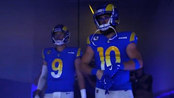 Dec 17, 2023; Inglewood, California, USA; Los Angeles Rams quarterback Matthew Stafford (9) and wide receiver Cooper Kupp (10) 