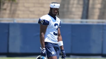 Jul 26, 2025; Oxnard, CA, USA; Dallas Cowboys receiver George Pickens (3) at training camp at the River Ridge Fields. Mandatory Credit: Kirby Lee-Imagn Images