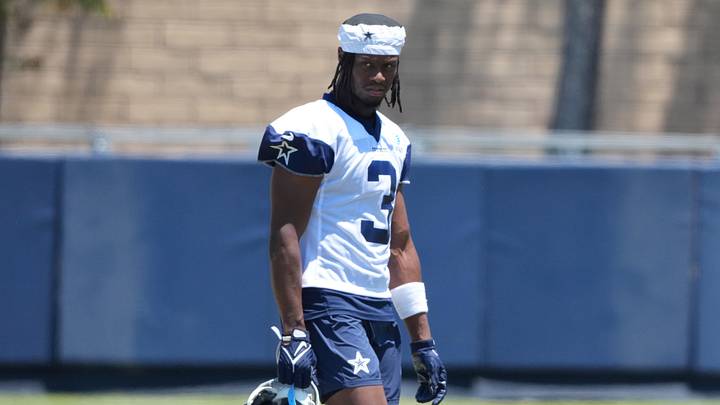 Jul 26, 2025; Oxnard, CA, USA; Dallas Cowboys receiver George Pickens (3) at training camp at the River Ridge Fields. Mandatory Credit: Kirby Lee-Imagn Images