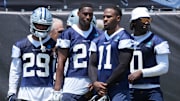 Dallas Cowboys C.J. Goodwin, Israel Mukuamu, defensive end Micah Parsons and DeMarvion Overshown during NFL training camp